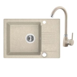 Laveo Celia zlewozmywak granitowy 1-komorowy + krótki ociekacz 440x650x185 beż syfon+korek+bateria